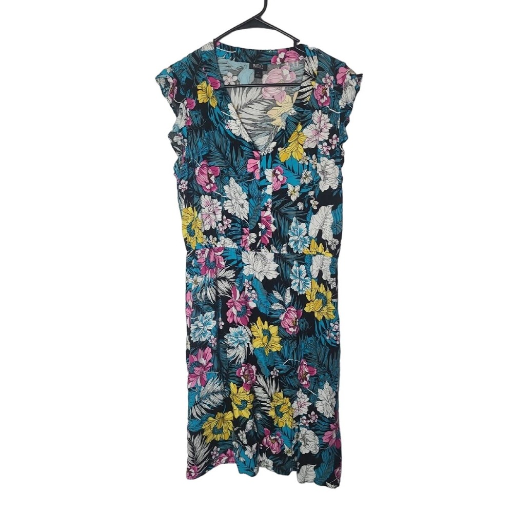 A.N.A. Bella Multicolor Tropical Print Midi Dress Cinched Waist Womans Size 14